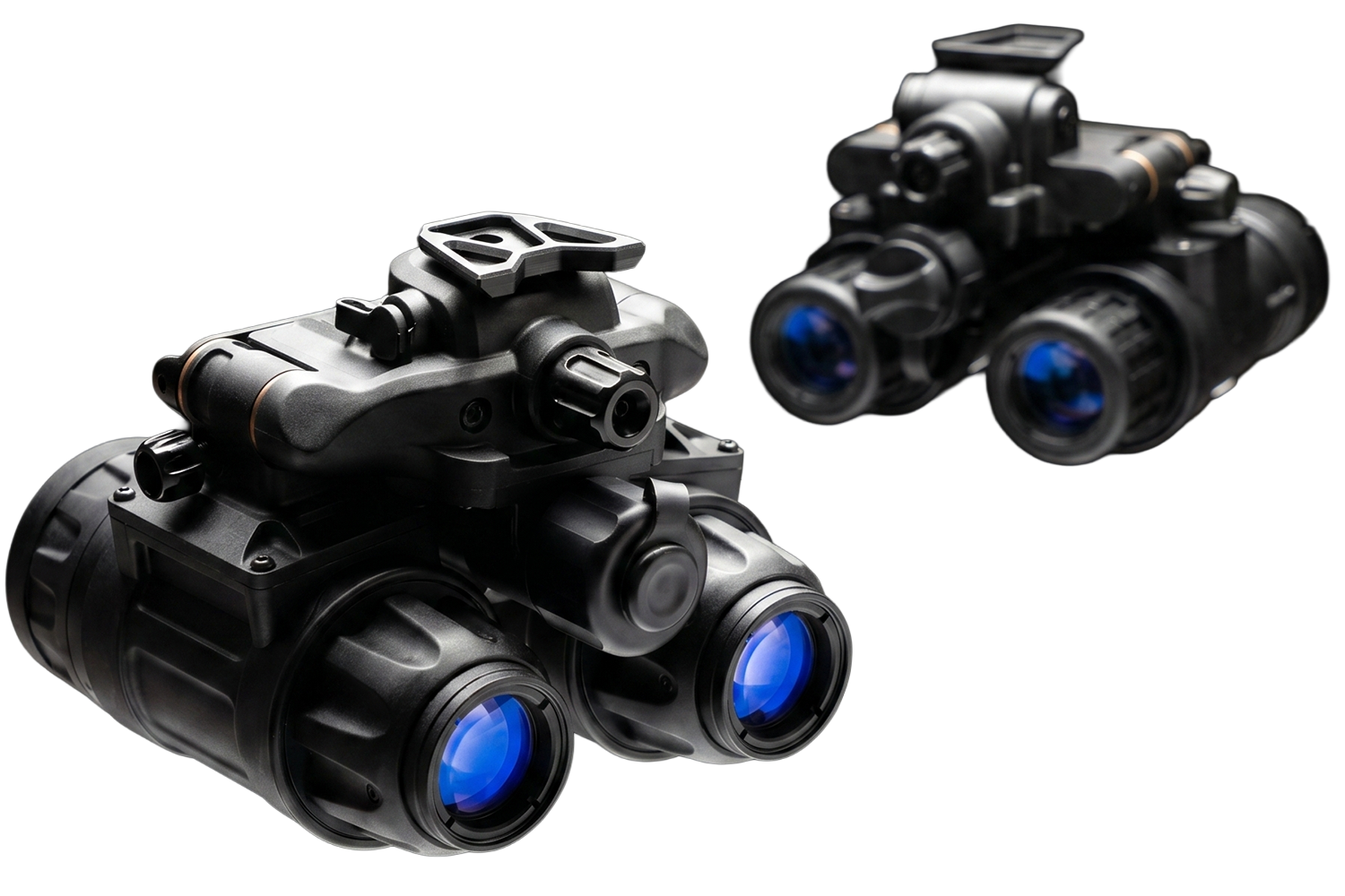 Night Operators dual-tube night vision binoculars — in-focus foreground unit and out-of-focus background unit