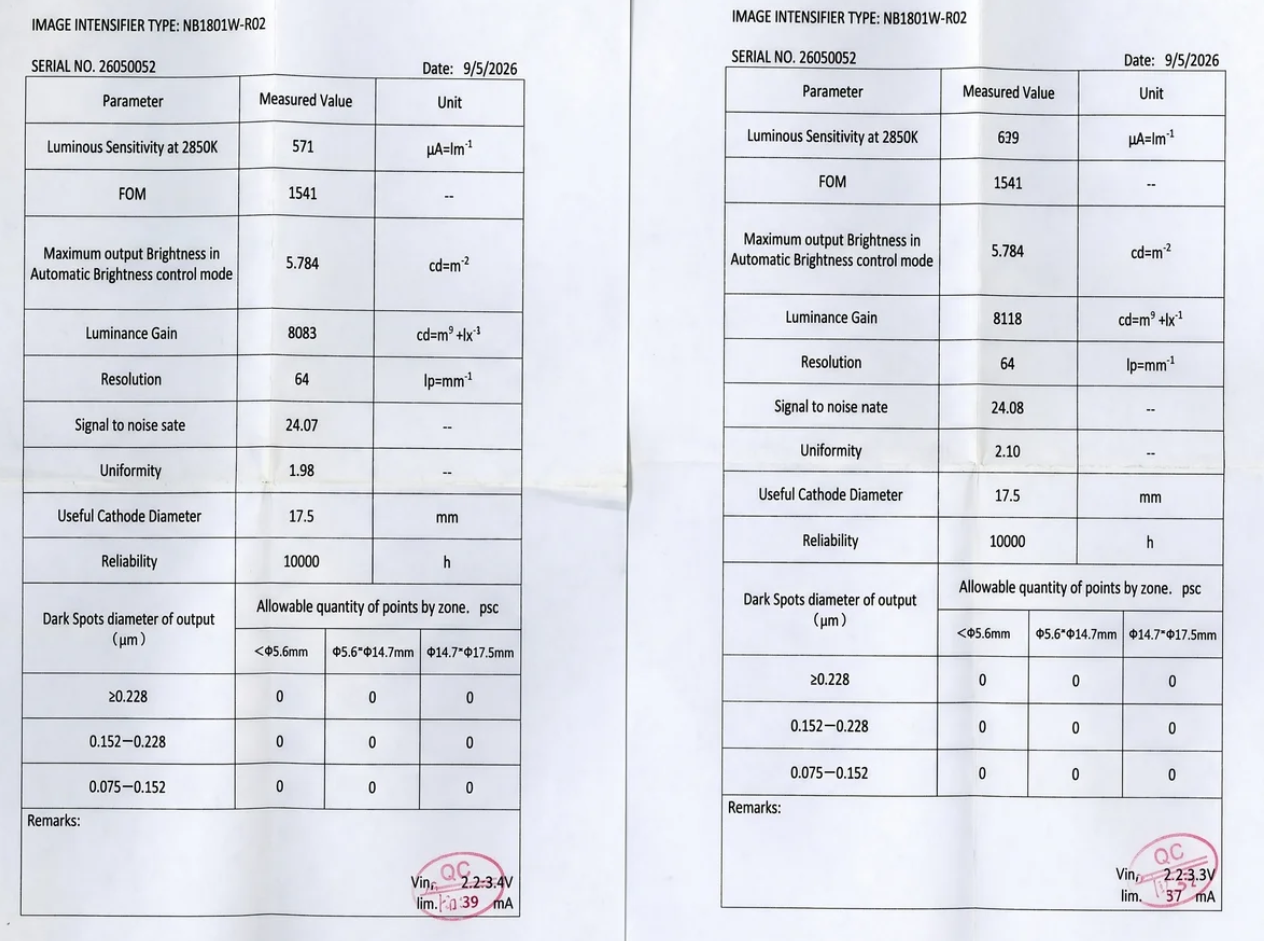 Factory QC spec sheet documenting one of the PVS-31 PRO tubes — FOM 1541, SNR 24.07, 64 lp/mm, zero blems